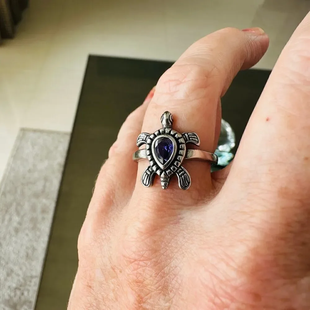Stainless Steel Turtle Ring With Amethyst CZ